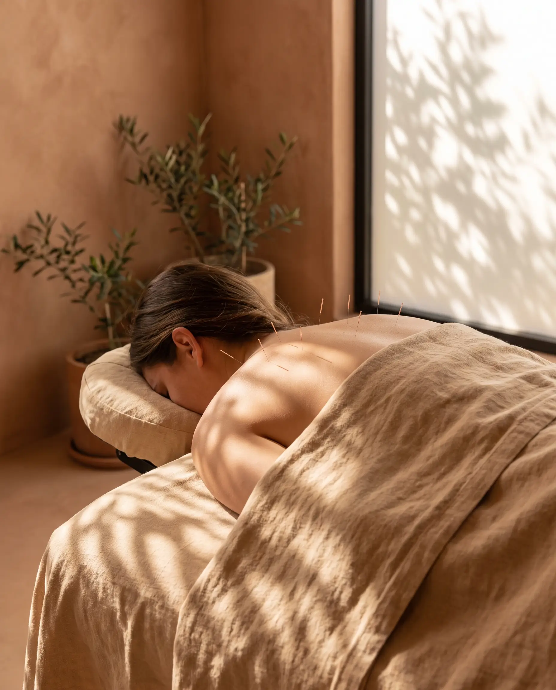 Fine acupuncture needles placed along a relaxed client's upper back