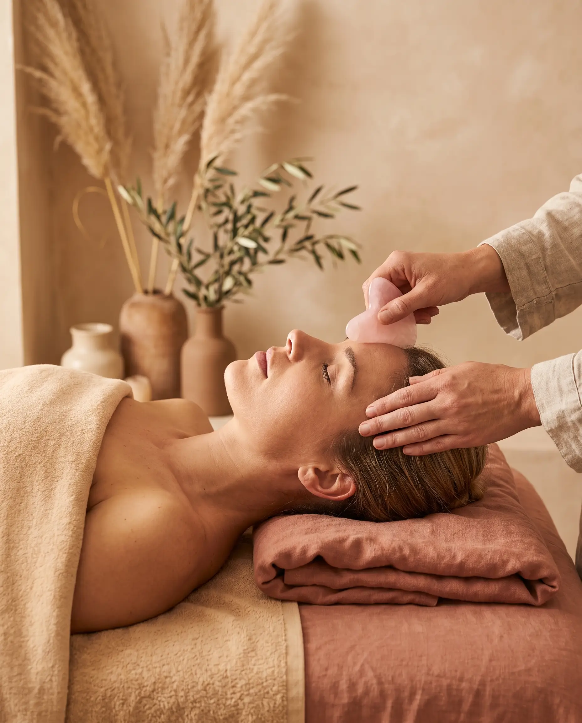 Facial gua sha with a rose quartz stone