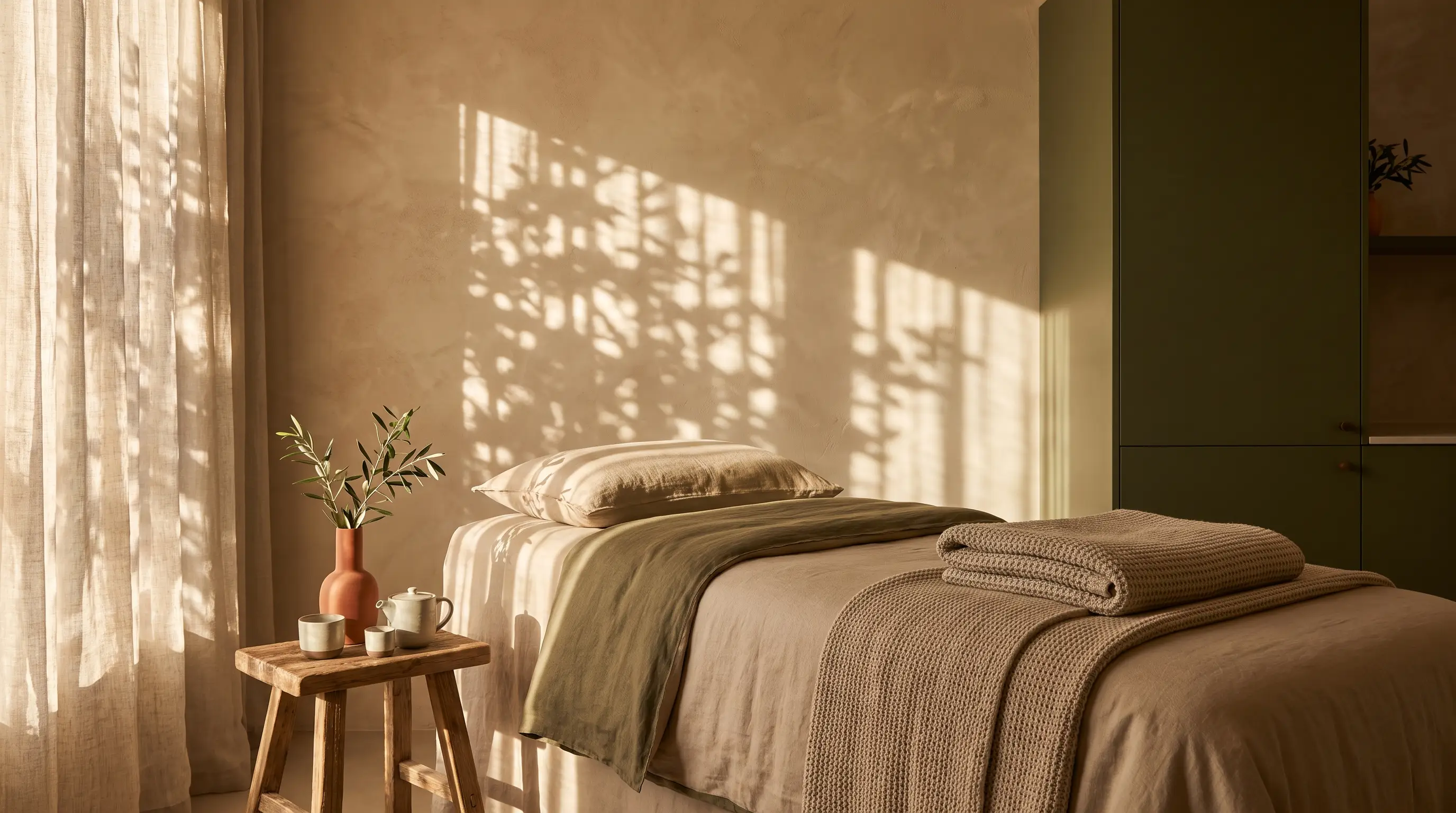 Warm treatment room with layered linens and a ceramic tea set