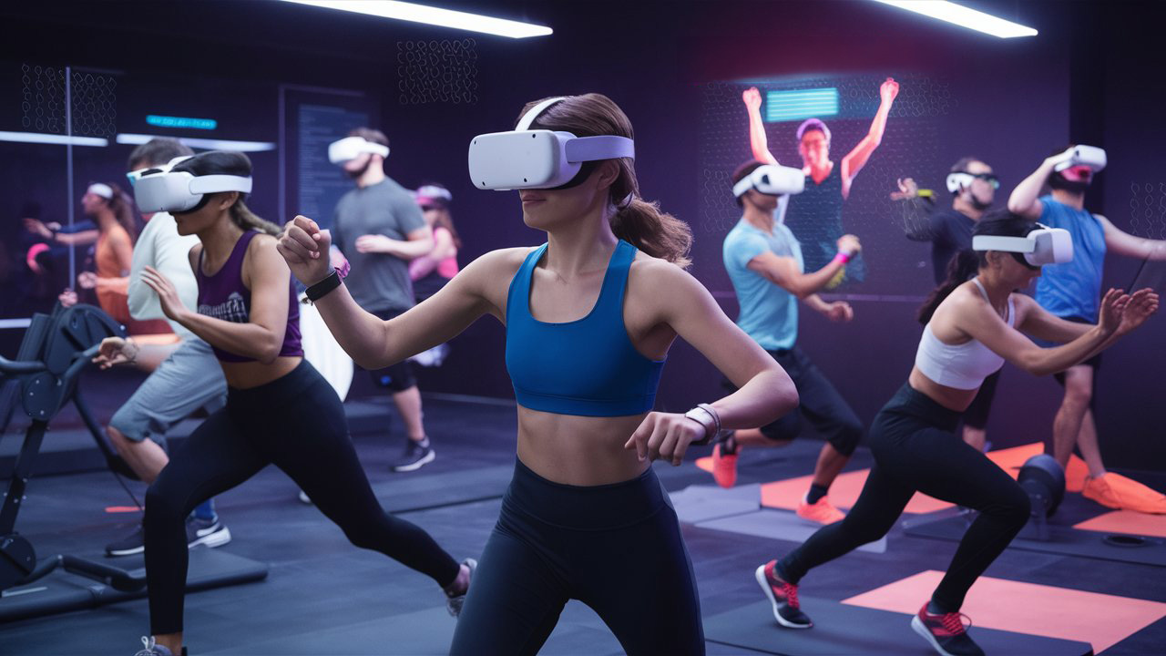 Best fitness games for the Meta Quest 3 – How to get fit in VR An AI-generated image of a gym with everybody wearing VR goggles.