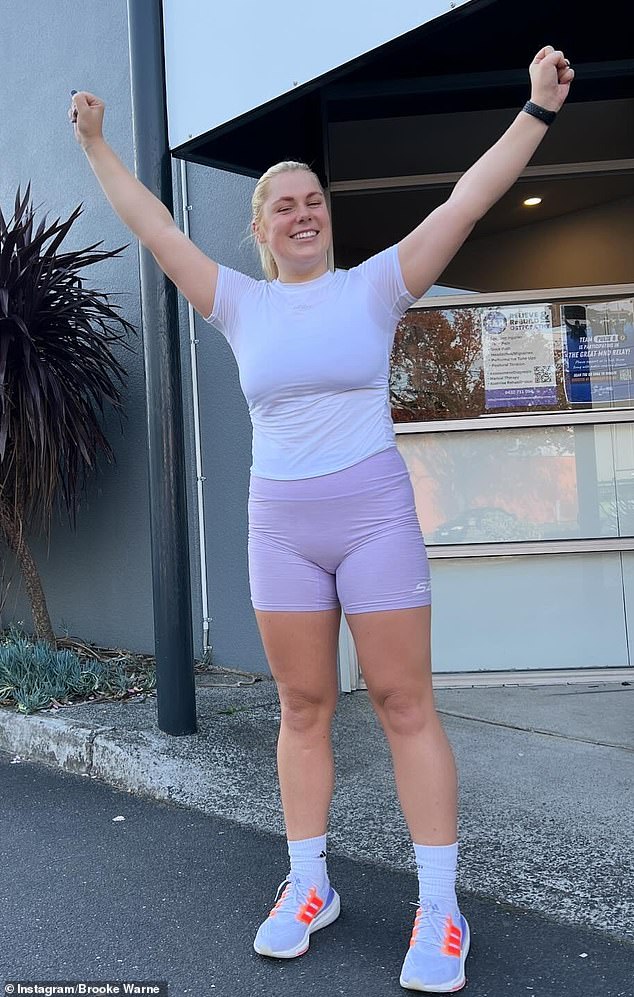 Brooke Warne flaunts her trim frame as she achieves major health milestone during controversial fitness challenge Brooke Warne, 26, (pictured) showed off her trim figure on Tuesday as she celebrated finally completing the controversial 75 Hard fitness challenge