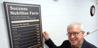 CAHNR Commencement Speaker Jerry Mande’s Lifelong Commitment to American Health Jerold “Jerry” Mande ’78 (CAHNR) next to a Success Nutrition Facts label based on the FDA Nutrition Facts label Mande helped design. (Jason Sheldon/UConn Photo)
