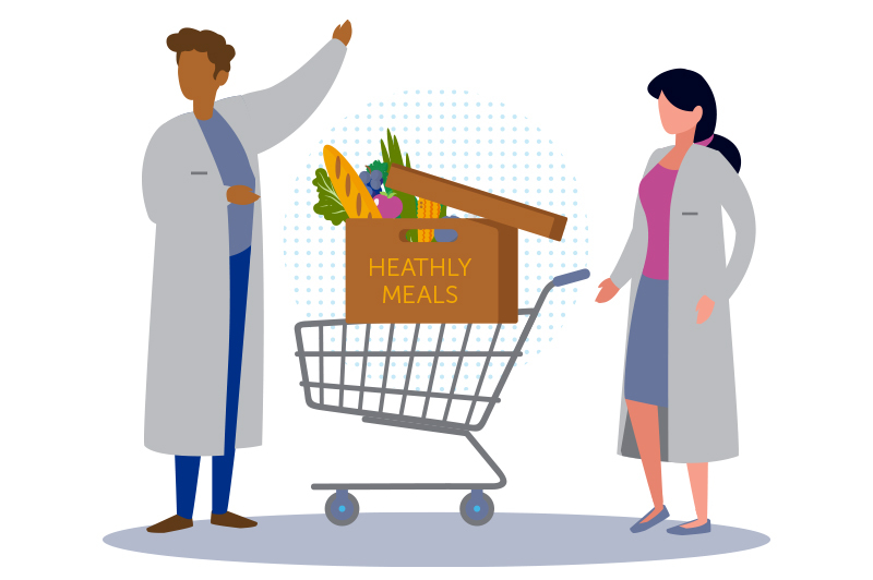 How Boston Children’s physicians use community-centered care Two doctors standing next to a grocery cart with a box labeled "healthy food" in the cart.