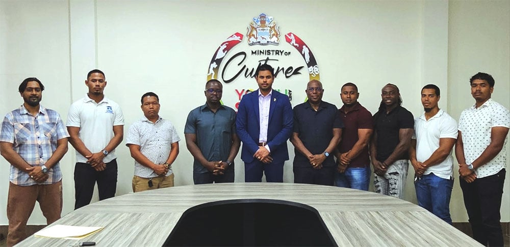 MCY&S confirms support for hosting CAC Fitness Championship Minister of Culture, Youth and Sport Charles Ramson Jr (centre) and Director of Sports Steve Ninvalle (5th from right) posing with members of the GBBFF Executive Committee following the meeting
