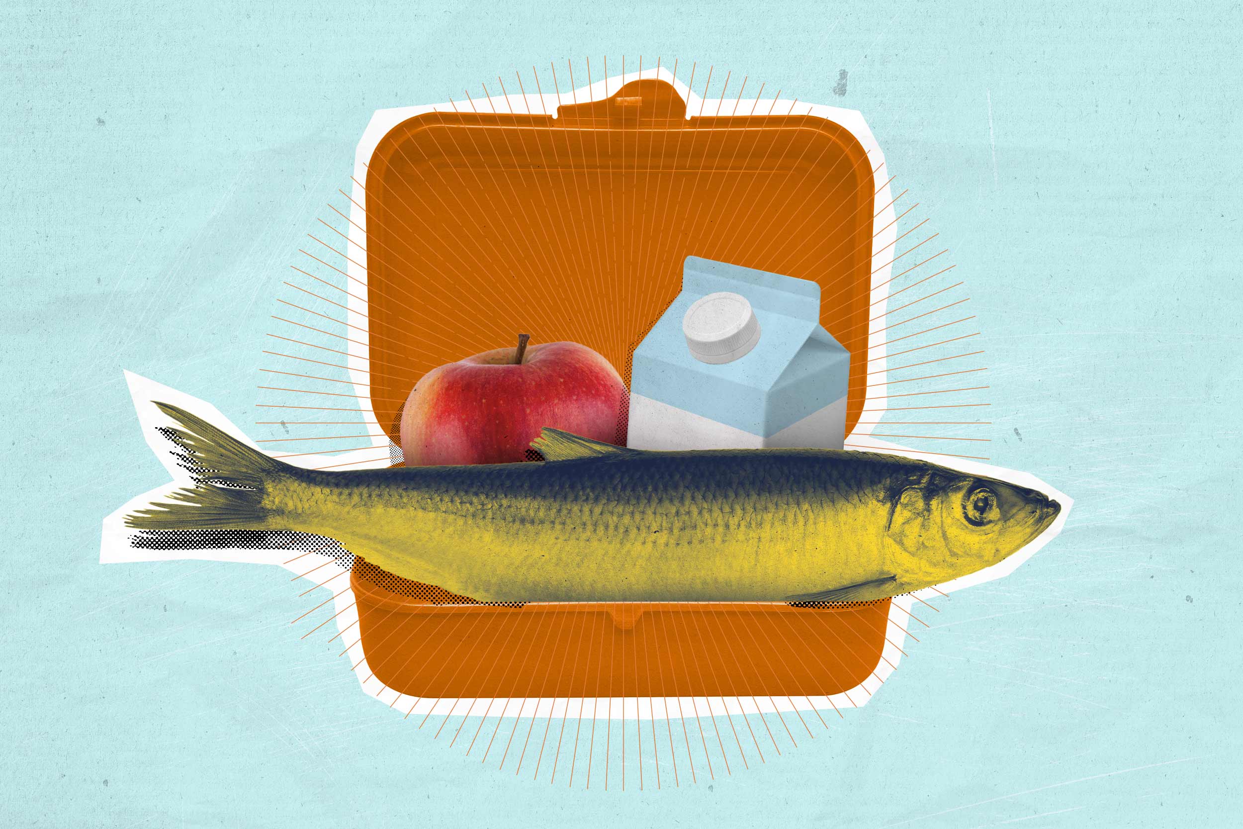 Why Something Fishy Is Good for a Child’s Diet An illustration of a fish with an apple and a boxed milk