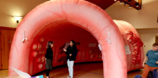 Health and wellness fair | Peninsula Daily News Lisa Bridge of Sequim is given a tour by Cithlali Chavez of Fred Hutch Cancer Center inside the giant inflatable colon discussing colon health on Wednesday at the Port Angeles Senior Centers health and wellness fair. Representatives from Olympic Medical Center, Jamestown Family Health Clinic, North Olympic Healthcare, Clallam County Health and Human Services, Elwha Klallam Tribe and Peninsula Behavior Health were present to answer questions. (Dave Logan/for Peninsula Daily News)