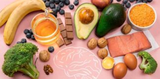 Slammed with work? These 8 foods, drinks can boost brain function, memory retention Drawing of brain surrounded by food.