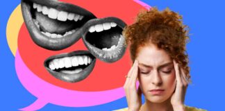 Stressed About Election Day? 9 Expert-Approved Ways to Protect Your Mental Health Woman holding her temples in front a graphic of a speech bubble.