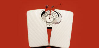 People’s mental health often improves after weight-loss surgery. A study pinpoints the real reason why. An illustration of a broken bathroom scale against a red background