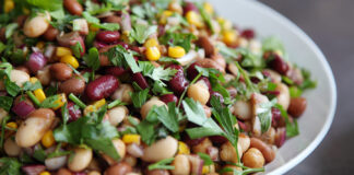 Want to eat healthier? Add to your diet, rather than limit it A bean salad including chickpeas, kidney beans, corn and parsley in a white plate. This could be part of a healthy diet.