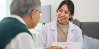Nutrition and Chronic Diseases – Gastroenterology Advisor Clinician Explaining Healthy Eating and Food Pyramid to Senior Patient During Nutrition Counseling