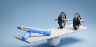 GLP-1 drugs combined with healthy lifestyle habits linked with reduced cardiovascular risk among diabetes patients Two dosing pens of a semaglutide drug (GLP-1) on a scale facing a dumbbell.