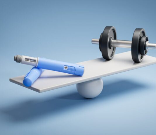 GLP-1 drugs combined with healthy lifestyle habits linked with reduced cardiovascular risk among diabetes patients Two dosing pens of a semaglutide drug (GLP-1) on a scale facing a dumbbell.