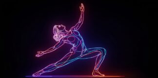 April is Stress Awareness Month: Tips to Manage Stress A minimalist neon outline illustration depicting a person in a yoga pose, with glowing lines tracing the figure