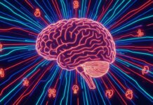 Healthy Habits May Slash Dementia Risk for Those with Diabetes A minimalist neon outline of a human brain against a dark background, with glowing lines pulsing to represent neural activity, conveying the idea of brain health and electrical signals.