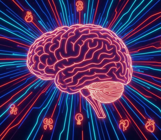 Healthy Habits May Slash Dementia Risk for Those with Diabetes A minimalist neon outline of a human brain against a dark background, with glowing lines pulsing to represent neural activity, conveying the idea of brain health and electrical signals.