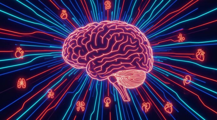 Healthy Habits May Slash Dementia Risk for Those with Diabetes A minimalist neon outline of a human brain against a dark background, with glowing lines pulsing to represent neural activity, conveying the idea of brain health and electrical signals.