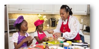 “Little Me, Big Responsibility” initiative promotes early healthy habits for young children – Welcome to San Bernardino County A woman and two girls in a kitchen cooking healthy food.