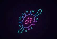 UCLA Researchers Present Advances in Cancer Care at AACR A glowing, neon outline of a microscopic cancer cell against a dark background, conceptually representing the latest breakthroughs in cancer research presented by UCLA scientists.