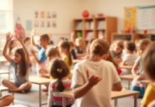 Utah Teacher Honored for Promoting Healthy Habits in Classroom An extremely abstracted, out-of-focus photograph of a classroom filled with children engaged in various physical activities and mindfulness exercises, with a warm, hazy light washing over the scene, conceptually representing the healthy habits being cultivated in this educational setting.