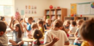 Utah Teacher Honored for Promoting Healthy Habits in Classroom An extremely abstracted, out-of-focus photograph of a classroom filled with children engaged in various physical activities and mindfulness exercises, with a warm, hazy light washing over the scene, conceptually representing the healthy habits being cultivated in this educational setting.